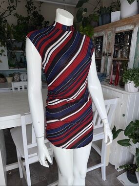 Suzy Shier Striped Mock-Neck Mini Dress in Red, Navy & White NWOT XS